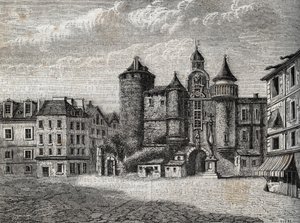 Le Vieux Paris - le Grand Chatelet - Grawerowanie w „”Fizycznej, obywatelskiej i moralnej historii Paryża: od najwcześniejszych czasów historycznych do współczesności” Jacques Antoine Dulaure autorstwa French School