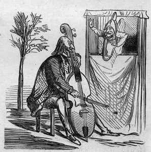 Maestro Offenbach zmonopolizował swoją muzyką wszystkie teatry Paryża. Niemiecki naturalizowany francuski kompozytor Jacques Offenbach (1819-1880) grający na wiolonczeli. Kreskówka Cham. Grawer w „Le Monde Illustre” nr 499 z 3 listopada 1866 r. autorstwa French School