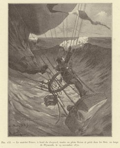 Żeglarz Prince, na pokładzie żakardu, spada na środek oceanu i ginie na falach, niedaleko Plymouth, 29 listopada 1870 (rycina) autorstwa French School