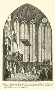 Król św. Ludwik kazał sprowadzić relikwie ze Wschodu do Sainte Chapelle w Paryżu w niedzielę Quasimodo, 25 kwietnia 1248 r., według obrazu M Alberta Lenoira autorstwa French School
