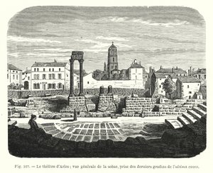 Teatr w Arles; widok ogólny sceny, wzięty z ostatnich trybun ultima cavea (grafika) autorstwa French School