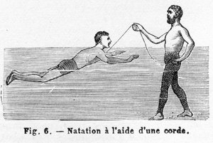 Nauka pływania na sznurku, pub. 1885 grawerowanie, 1885. autorstwa French School
