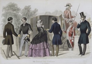 Wyjazd taksówką, ilustracja z Le Journal des Tailleurs, 1856 (kolor grawerowany) autorstwa French School