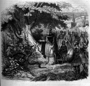 Legenda o Karolu Wielkim i wężu: cesarz przed gniazdem węża zajmowanym przez ropuchę. Grawerowanie z 1852 roku. autorstwa French School