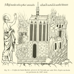 Kościół Saint-Martial, ocalony z pożaru przez św. Eloi, według rysunku na pergaminie z XIII wieku autorstwa French School