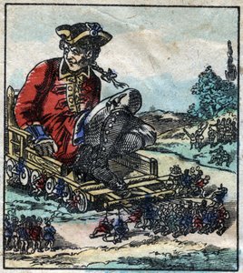 Lemuel Gulliver, więzień jest przewożony na wózku ciągniętym przez Lilliputów. Ilustracja do „Podróży Guliwera” Jonathana Swifta (1667-1745). Obrazowanie epinal pod koniec XIX wieku. autorstwa French School