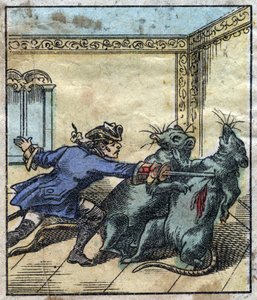 Lemuel Gulliver walczy ze szczurami w krainie gigantów Brobdingnag. Ilustracja do „Podróży Guliwera” Jonathana Swifta (1667-1745). Obrazowanie epinal pod koniec XIX wieku. autorstwa French School