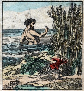 Lemuel Gulliver ukrywa się przed gigantem w Brobdingnag. Ilustracja do „Podróży Guliwera” Jonathana Swifta (1667-1745). Obrazowanie epinal pod koniec XIX wieku. autorstwa French School