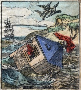 Lemuel Gulliver przebywa w swoim domu w krainie gigantów Brobdingnag. Ilustracja do „Podróży Guliwera” Jonathana Swifta (1667-1745). Obrazowanie epinal pod koniec XIX wieku. autorstwa French School