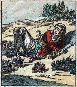 Lemuel Gulliver obudził się po rozbiciu statku i został wzięty do niewoli przez Lilliputów. Ilustracja do „Podróży Guliwera” Jonathana Swifta (1667-1745). Obrazowanie epinal pod koniec XIX wieku. autorstwa French School