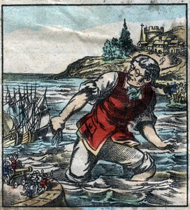 Lemuel Gullliver wystrzelił statki z armii Blefuscu do stołecznego portu Lilliput. Ilustracja do „Podróży Guliwera” Jonathana Swifta (1667-1745). Obrazowanie epinal pod koniec XIX wieku. autorstwa French School