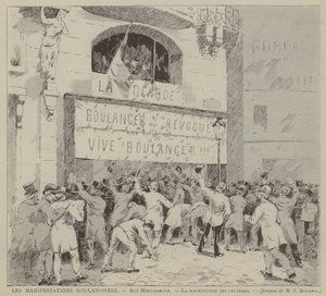 Les Manifestations Boulangistes, Rue Montmartre, La distribution des cocardes (rycina) autorstwa French School