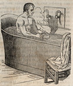 Gesty w kąpieli - Higiena w XIX wieku - mężczyzna w wannie - grawer w „La Sante Universelle - Guide Medical des Familles” 1852 autorstwa French School