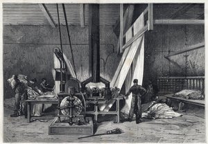 Duże fabryki - Dyeing erie Boutarel w Clichy la Garenne - Le mesh des Etoffes - grawerowanie z 1869 roku autorstwa French School