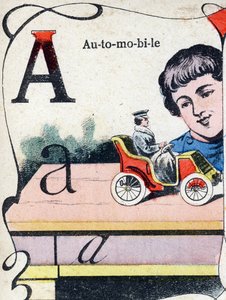 Litera A Samochód. Grawerowanie w "ABC des joux pour petits boys". Obraz Pont-a-Mousson, Louis Vagne, drukarz-wydawca, koniec XIX wieku. Wymiary: 32,5x25 cm autorstwa French School