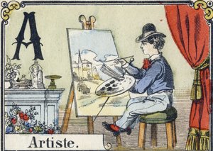 Litera A: artysta. Alfabet rekreacyjny. Obrazowanie epinal. Drzeworyty szablonowane, ok. 1880 r. Mała książeczka 16 stron (205 x 150 mm). Prywatna kolekcja autorstwa French School