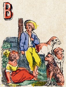 Litera B Pasterze. Grawerowanie w „Alfabet des jeux””. Pan Vagne, redaktor, Pont-a-Mousson, koniec XIX wieku. Różowa seria. 12 stron. Album zawierający uproszczoną metodę czytania oraz ilustrowane abecedary. Wymiary: 16,5x11cm autorstwa French School