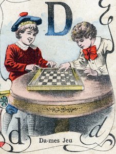 Litera D: Gra w warcaby. Grawerowanie w "ABC des joux pour petits boys". Obraz Pont-a-Mousson, Louis Vagne, drukarz-wydawca, koniec XIX wieku. Wymiary: 32,5x25 cm autorstwa French School