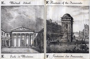 Litera E i F: Szkoła Medyczna i Fontanna Niewiniątek - „Alfabet Malowniczy des Monumens de Paris” ok. 1840 (rycina) autorstwa French School