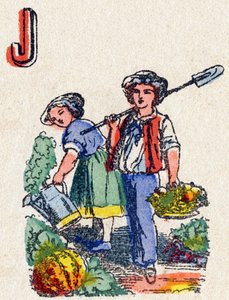 Litera J Ogrodnicy. Grawerowanie w „Alfabet des jeux””. Pan Vagne, redaktor, Pont-a-Mousson, koniec XIX wieku. Różowa seria. 12 stron. Album zawierający uproszczoną metodę czytania oraz ilustrowane abecedary. Wymiary: 16,5x11cm autorstwa French School