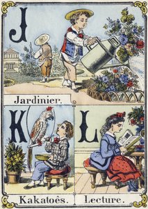 Litera J, K i L: ogrodnik, kakato i czytanie. Alfabet rekreacyjny. Obrazowanie epinal. Drzeworyty szablonowe, ok. 1880 r. Mała 16-stronicowa książeczka autorstwa French School