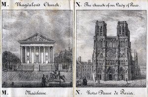 Litera M Madeleine i N Notre-Dame de Paris (Notre Dame de Paris) - "Alphabet Picturesque des Monumens de Paris" ok. 1840 (rycina) autorstwa French School