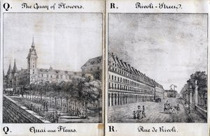 Litera Q i A: Kwiecisty dok i ulica Rivoli - "Alphabet Picturesque des Monumens de Paris" ok. 1840 r. (rycina) autorstwa French School