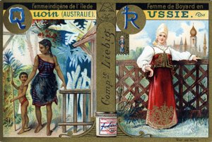 Litera Q jako rdzenna kobieta z wyspy Quoin i R jako kobieta Bojarzy w Rosji. Alfabet kobiet. Seria 12 obrazów. Reklama Liebiga autorstwa French School