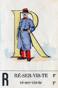 Litera R jako rezerwista. Alfabet wojskowy. Obraz Epinal, około 1870-1880. Drzeworyty w kolorze wzornikowym autorstwa French School