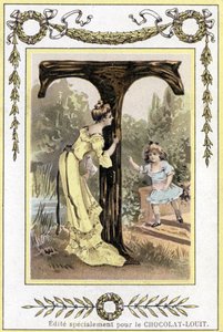 Litera T przedstawiająca matkę i córkę bawiące się w chowanego, koniec XIX w. (chromolitografia) autorstwa French School
