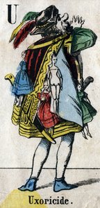 Litera U: Uxoricide. Grawerowanie w "Maskaradzie alfabetu". Nowe obrazowanie Epinal. Drukarsko-litografia Pinot et Sagaire, red., Epinal, II poł. Tabliczka Ná 491 z 25 podświetlanymi literami. Wymiary: 40,5x28cm autorstwa French School