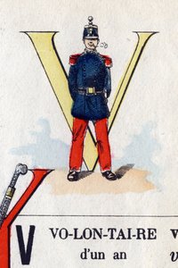 Litera V jako wolontariusz. Alfabet wojskowy. Obraz Epinal, około 1870-1880. Drzeworyty w kolorze wzornikowym autorstwa French School
