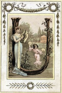 List przedstawiający matkę grającą na lirze i córkę tańczącą z kotłami, koniec XIX w. (chromolitografia) autorstwa French School