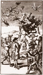 Ewokacja demonów, rycina z 1710 r. w „Historii ekstrawaganckich wyobrażeń Monsieur Oufle” Laurenta Bordelona (1653-1730) autorstwa French School