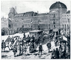 Życie za Ludwika XV: król przybywający do Palais des Tuileries, gdzie czekają na niego królowa i delfin – w „Paryżu przez wieki” Genouillaca autorstwa French School