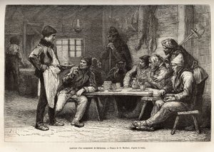 Wnętrze obozu woodcheron w Ontario, rycina wg rysunku D.Maillarda, ilustrującego wyprawę do Kanady i nad północną rzekę Czerwoną, H. De Lamotte, w 1873, opublikowana w „Le world tour”” 1875 , pod redakcją Edouarda autorstwa French School