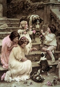 Małe dzieci bawiące się z psami Kolorowa pocztówka z początku XX wieku (zdjęcie ilustracyjne) autorstwa French School