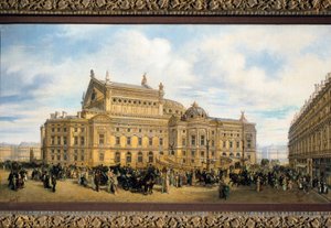 Opera Paryska zbudowana przez Charlesa Garniera, widok od strony Rue Auber (olej na płótnie) autorstwa French School