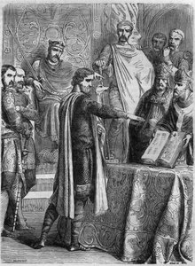 Lotharia II (825-869) złożyła przysięgę na ewangelię przed papieżem Adrienem II (792-872) w Rzymie w 869. Grawer w „Histoire des Papes-Rois-Queen and Empereurs a travers les century”” Maurice Lachatre autorstwa French School