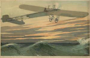 Louis Bleriot wykonujący pierwszy lot przez kanał La Manche samolotem cięższym od powietrza, 25 lipca 1909 r. (kolorowa litografia) autorstwa French School