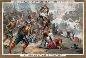 Ludwik II Burbon, książę Conde (Bourbon-Conde), znany jako Le Grand Conde, w bitwie pod Fryburgiem w 1644. Chromolitografia z XIX wieku. autorstwa French School