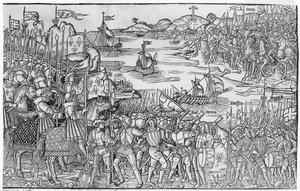 Ludwik IX francuski wysiadający w Damietcie podczas siódmej krucjaty, z "Grand Voyage de Hierusalem", opublikowanej w 1522 r. autorstwa French School