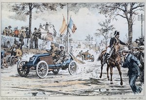 Louis Renault jadący w wyścigu Paryż-Madryt w 1903 r., ok. 1903 r. autorstwa French School