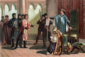 Ludwik VIII, zwany „Lewem” (1187-1226), dynastia Kapetyngów, z dumą i zaciekłością odpowiedział wysłannikowi króla Anglii Henryka III. Chromolitografia około 1890 r. autorstwa French School