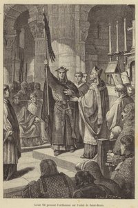 Ludwik VII biorąc sztandar z ołtarza Saint-Denis (rycina) autorstwa French School