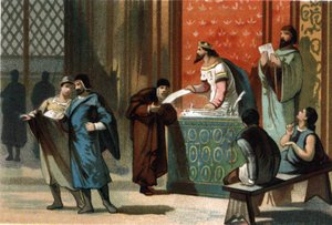 Ludwik VI dit Le Gros (1081-1137) nadał gminom przywileje pocztowe. Chromolitografia około 1890 r. autorstwa French School