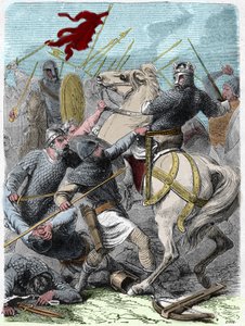 Ludwik VI powiedział „The Gros” (1081 - 1137), w bitwie pod Brenneville, próbował odebrać Normandię królowi Anglii Henrykowi I w 1119. Grawerowanie w „” Histoire De France En Cent Paintings” Paula Lehugeura „” 1891. autorstwa French School