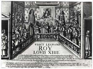 Ludwik XIV (1638-1715) wymierzający sprawiedliwość (ksylograf) (fot. bw) autorstwa French School