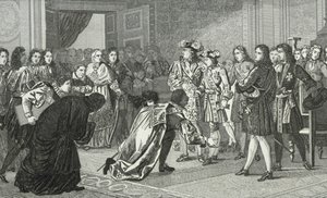 Ludwik XIV (1638-1715) Król Słońce przedstawia posłom hiszpańskim swego wnuka Filipa V (1683-1746) z „Histoire de France” Colarta, wydanej ok. 1840 r. autorstwa French School