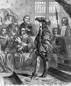 Ludwik XIV (1638-1715) miał 17 lat w 1652 roku przed parlamentem i zmusił prezydenta do rozwiązania zgromadzenia. Grawerowanie w „” Histoire De France En Cent Paintings autorstwa Paula Lehugeura „” 1891. autorstwa French School